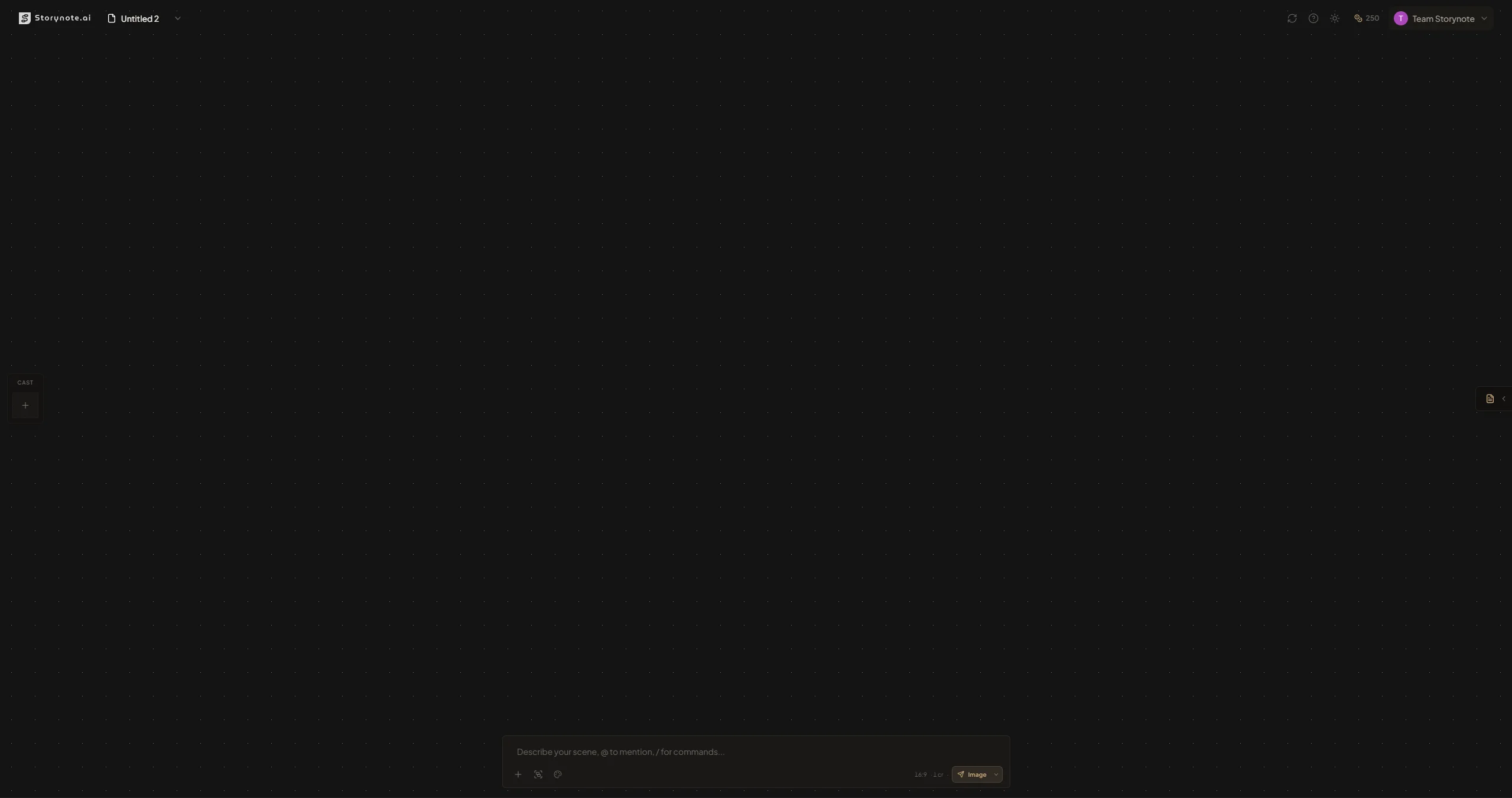 StoryNote blank canvas after signup — empty workspace with the navbar visible