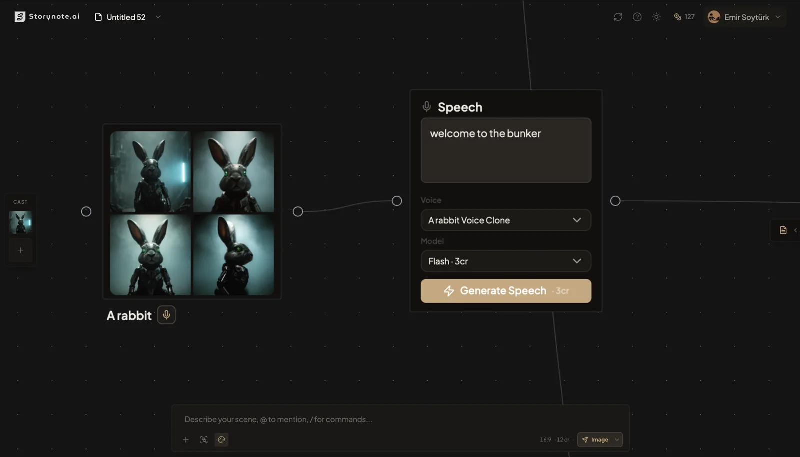 StoryNote Speech sound node connected to a character — text input, voice clone selector, and Generate Speech button